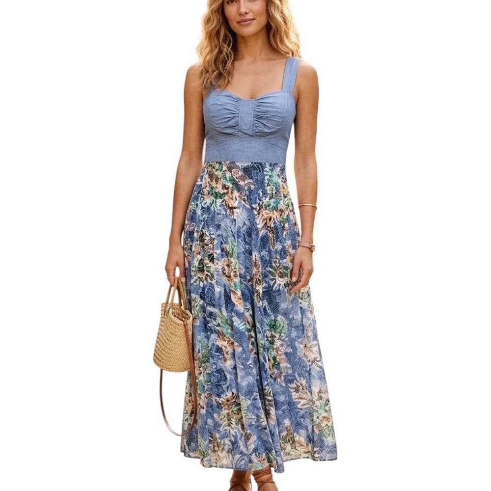 Karis Ruched Bust Floral Lace Boho Cottagecore Prairie Maxi Dress Halter Neck 10